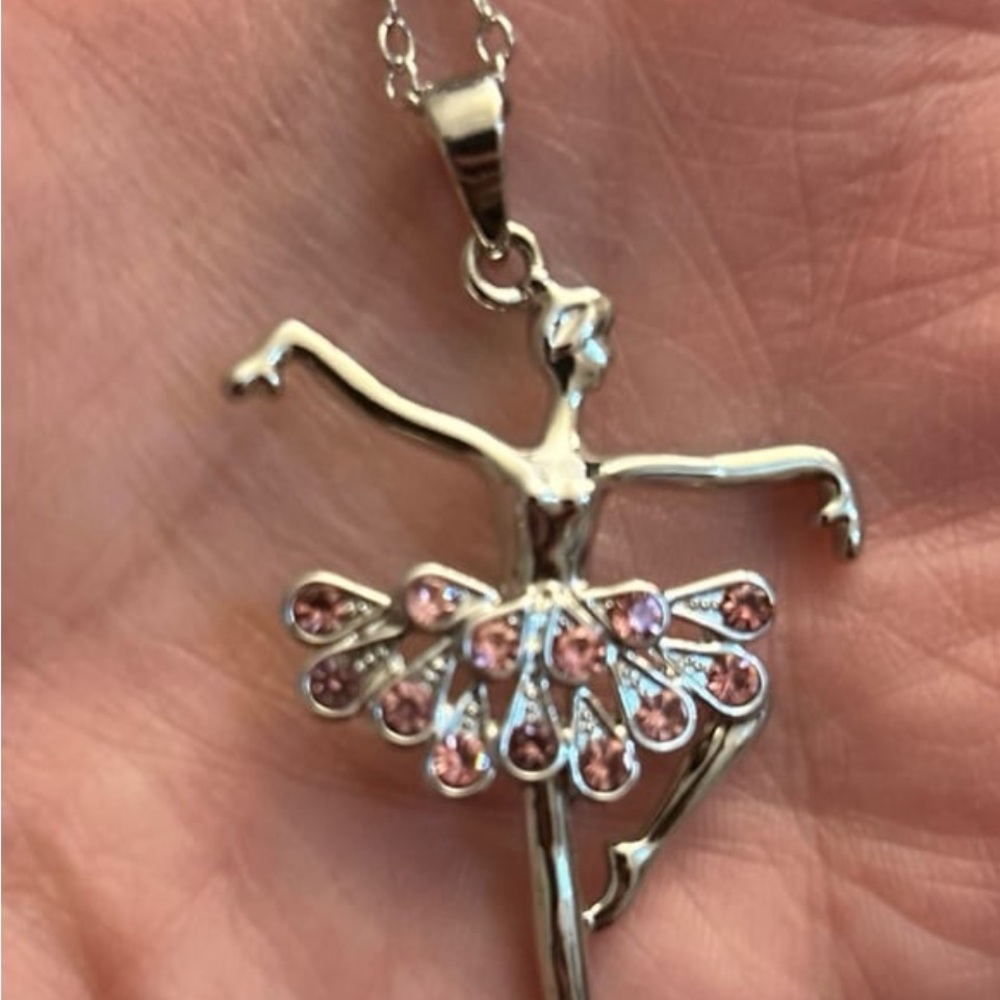 Elegant Silver Ballerina Pendant Necklace with Pink Accents